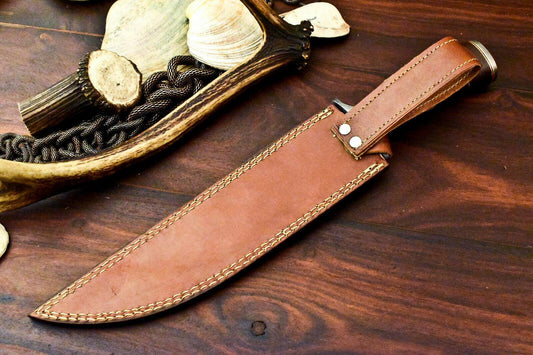 Handmade Damascus Kris Blade Bowie Knife – 15" Camel Bone Handle Hunting Knife