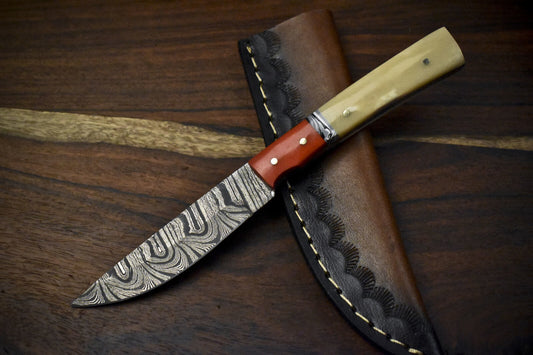 7.5" Twist Damascus Skinner Knife with Bone Handle Micarta Bolster Camping Blade