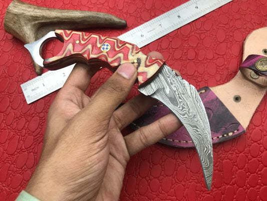 Handmade 8" Damascus Karambit Damascus Steel Hunting Knife With Wood Handle
