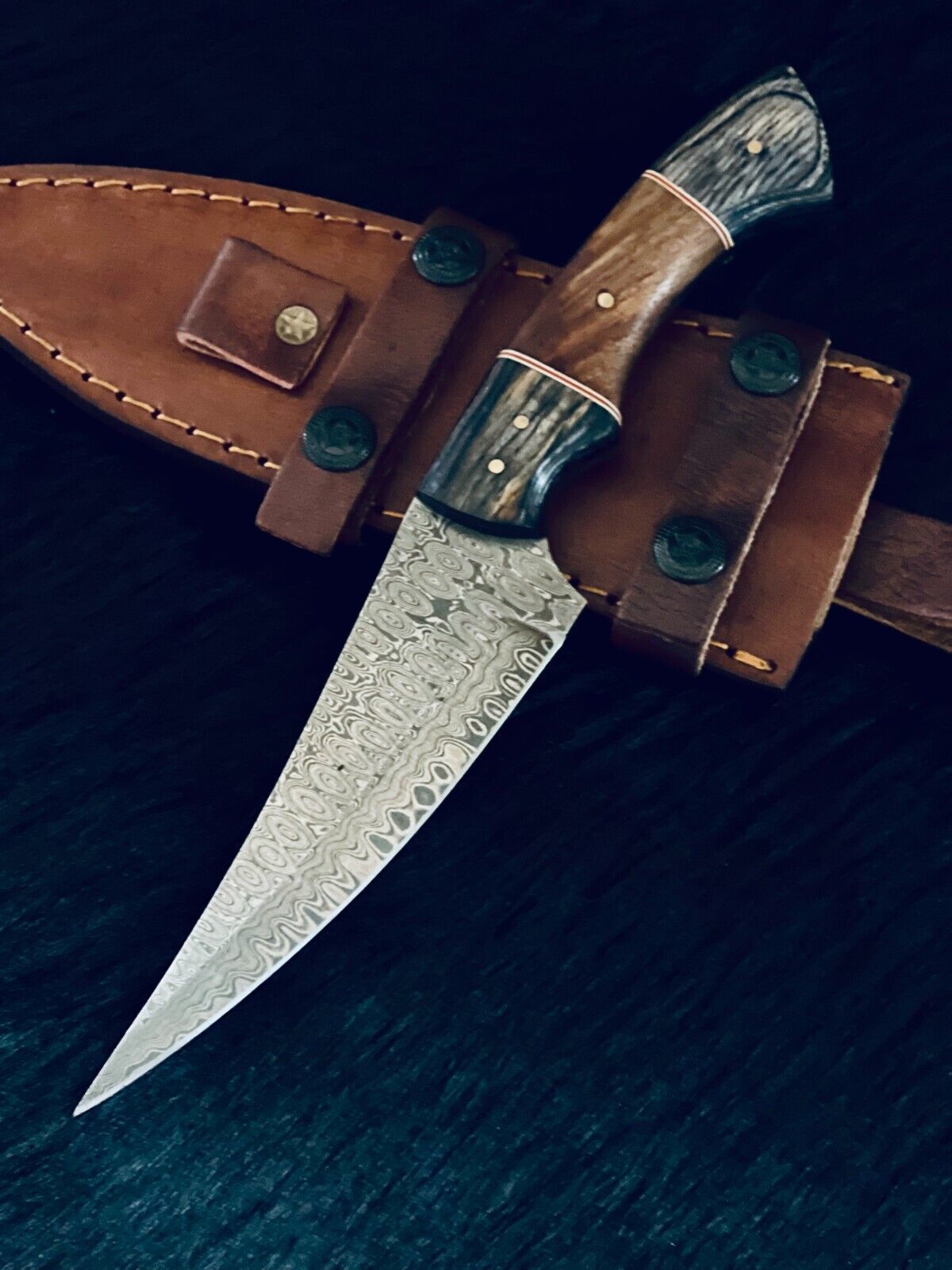 10.25" RainDrop Damascus Bowie Knife – Camel Bone & Wood Handle