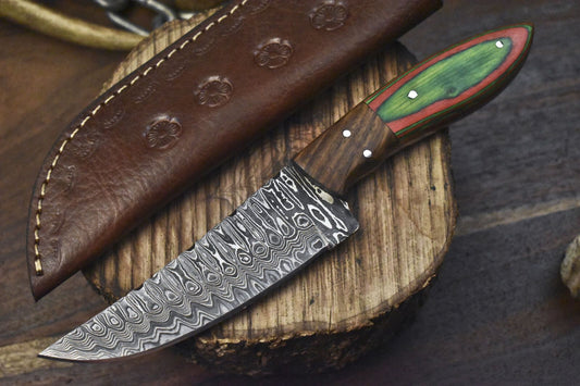 Hand Crafted Ladder Damascus Skinner Knife with Hardwood Handle for Hunting & Sports