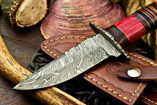 Custom Hand Made Damascus Steel Bowie Hunting Knife | Hard Wood Handle