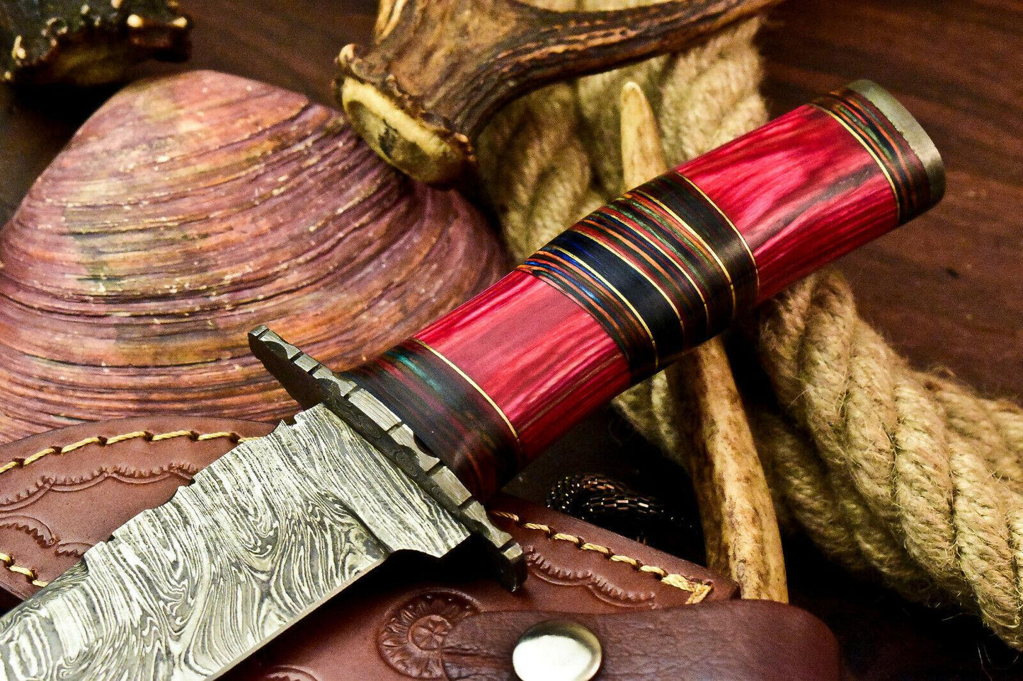 Custom Hand Made Damascus Steel Bowie Hunting Knife | Hard Wood Handle