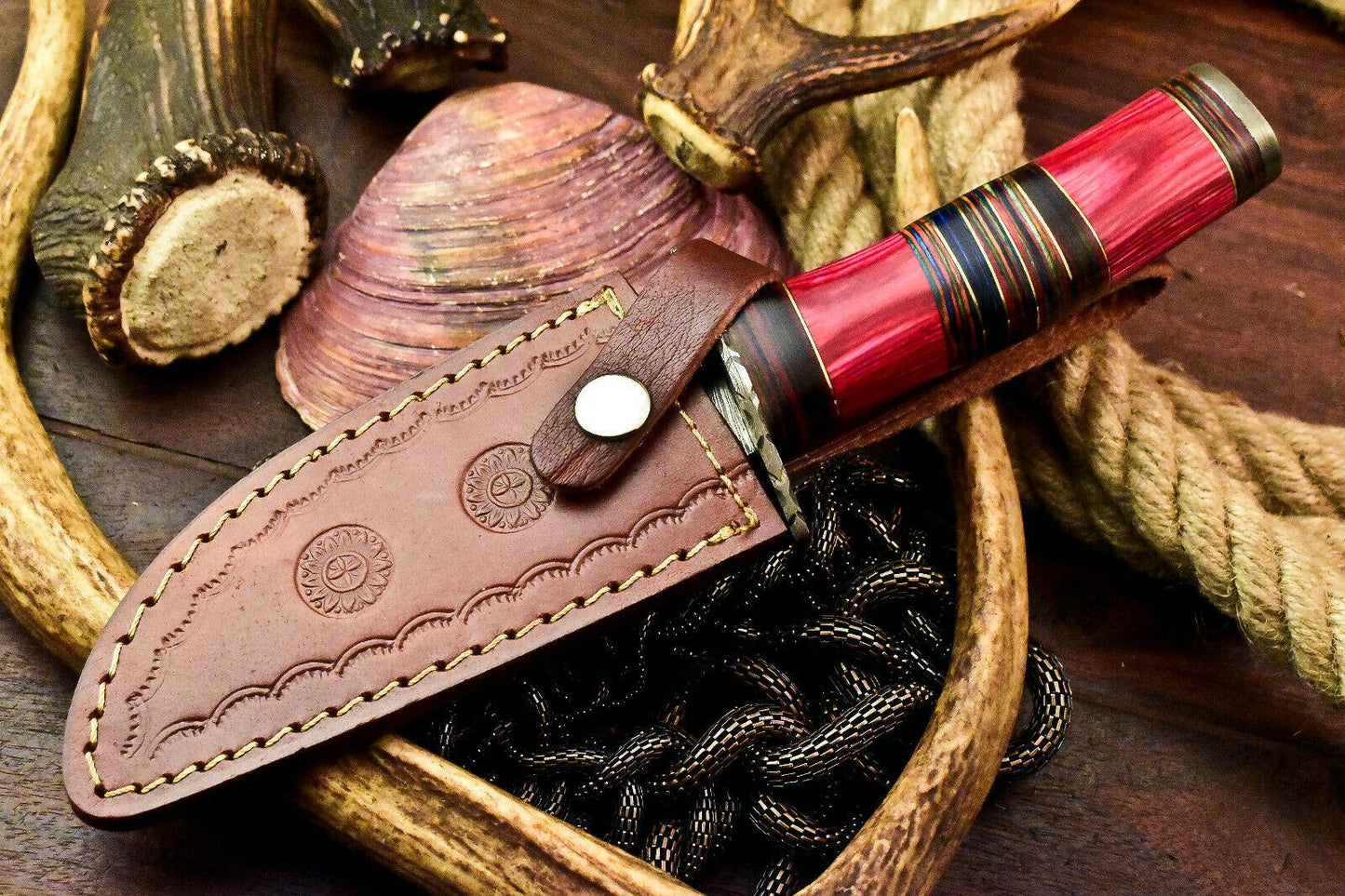Custom Hand Made Damascus Steel Bowie Hunting Knife | Hard Wood Handle