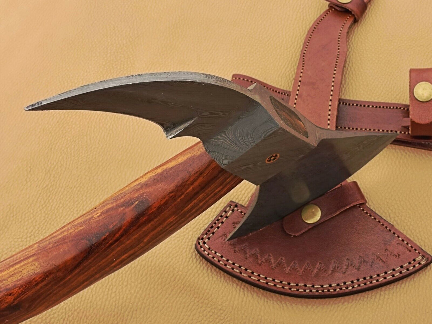 Handmade Damascus Steel Rosewood Viking Battle Axe Functional Full Tang Axe with Leather Sheath