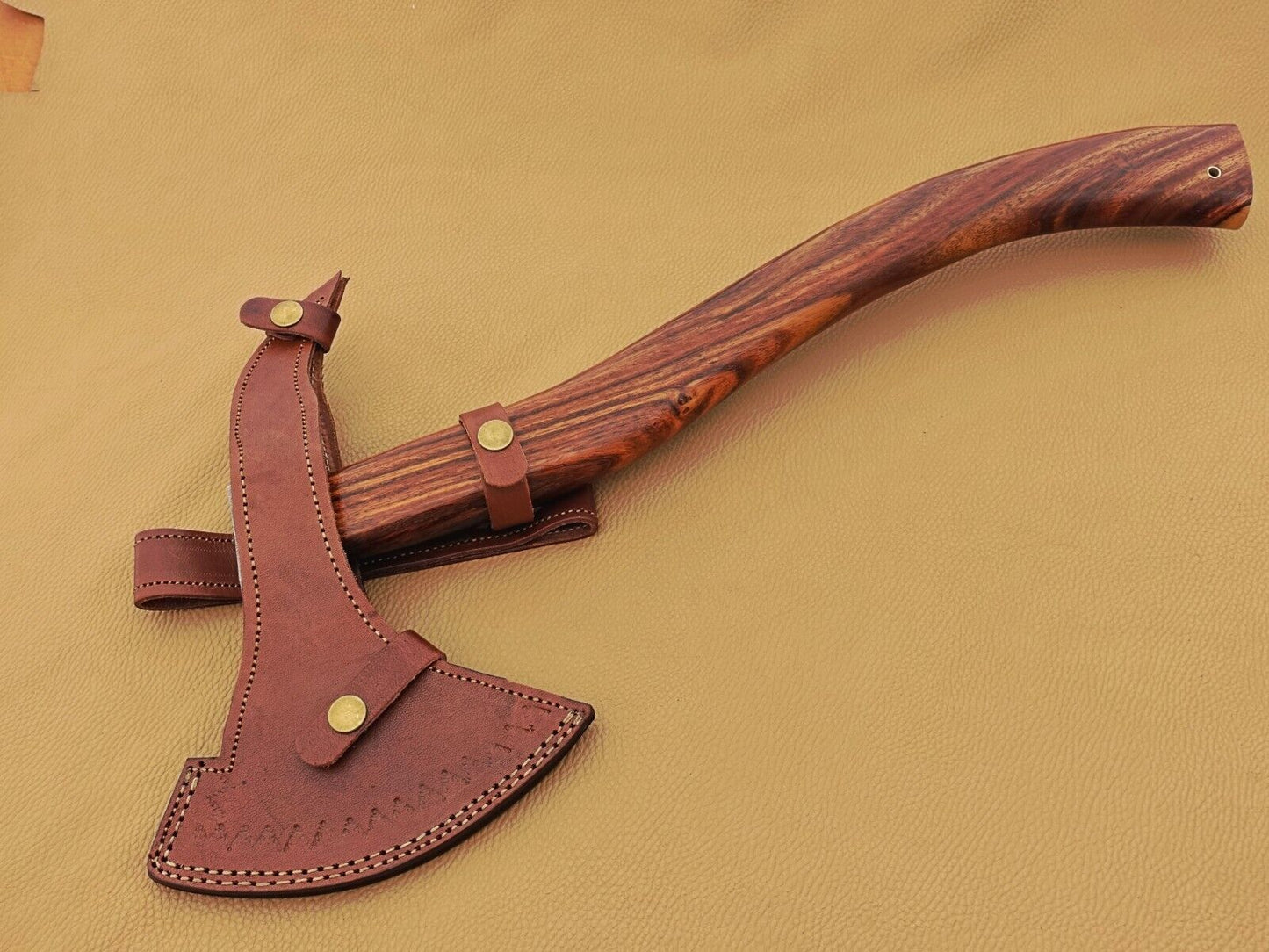 Handmade Damascus Steel Rosewood Viking Battle Axe Functional Full Tang Axe with Leather Sheath