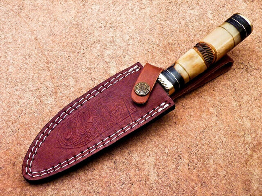 10" Heritage Forge Handmade Damascus Steel Bowie Hunting Knife | Camel Bone & Wood Handle