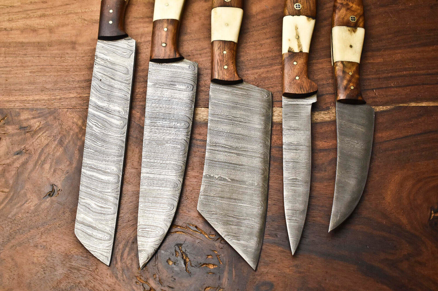 Custom Lot of 5 Rare Handmade Damascus Steel Blade Chef Knife Set – 100% Handmade