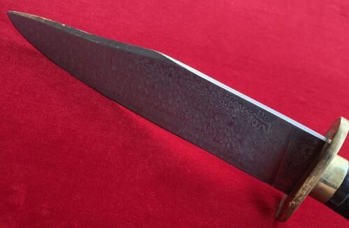 Antique Handmade Damascus Steel Large Bowie Knife with Carved Inlaid Handle