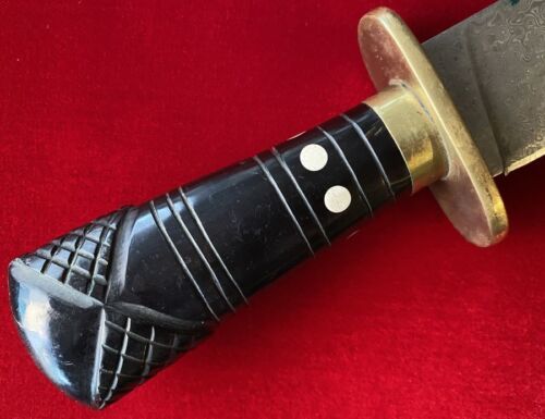 Antique Handmade Damascus Steel Large Bowie Knife with Carved Inlaid Handle