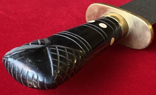 Antique Handmade Damascus Steel Large Bowie Knife with Carved Inlaid Handle