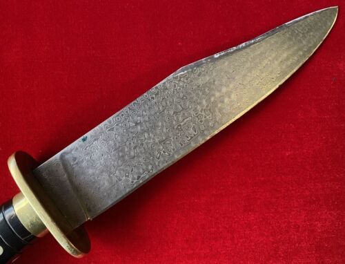 Antique Handmade Damascus Steel Large Bowie Knife with Carved Inlaid Handle