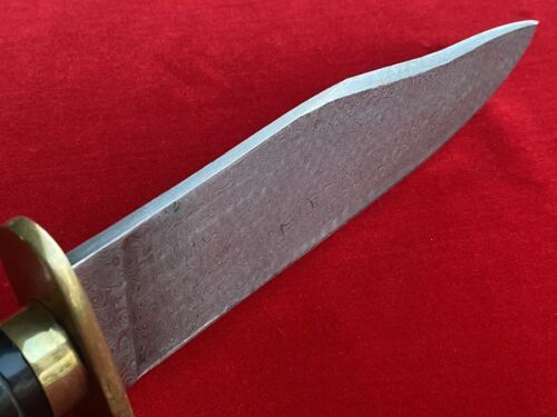 Antique Handmade Damascus Steel Large Bowie Knife with Carved Inlaid Handle
