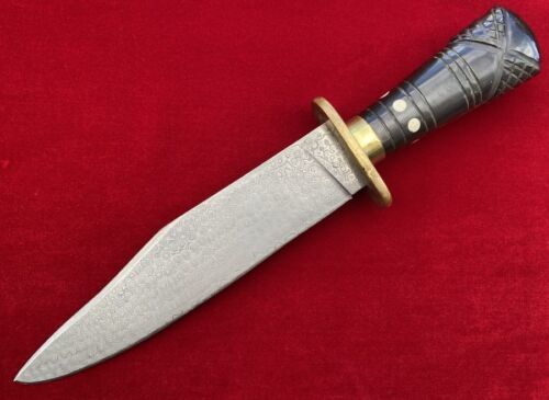 Antique Handmade Damascus Steel Large Bowie Knife with Carved Inlaid Handle