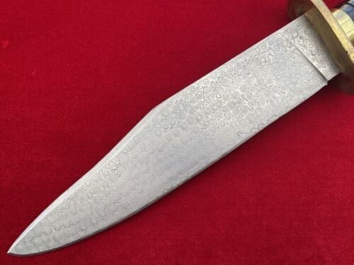 Antique Handmade Damascus Steel Large Bowie Knife with Carved Inlaid Handle