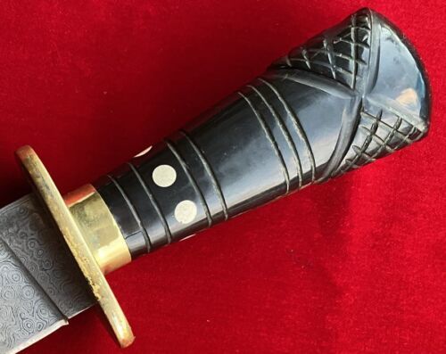 Antique Handmade Damascus Steel Large Bowie Knife with Carved Inlaid Handle
