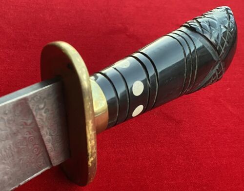 Antique Handmade Damascus Steel Large Bowie Knife with Carved Inlaid Handle