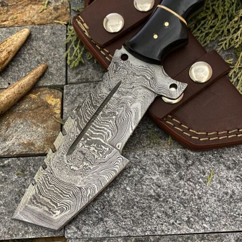 Heritage Forge 10 Inch Damascus Steel Tracker Knife with Buffalo Horn Handle and Leather Sheath