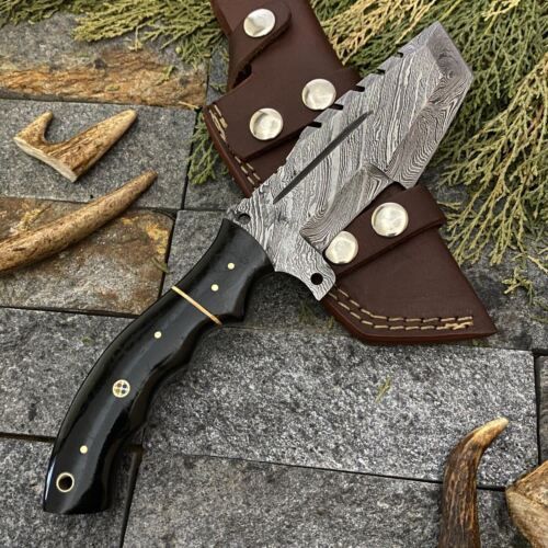 Heritage Forge 10 Inch Damascus Steel Tracker Knife with Buffalo Horn Handle and Leather Sheath