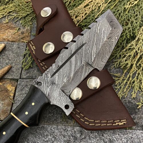 Heritage Forge 10 Inch Damascus Steel Tracker Knife with Buffalo Horn Handle and Leather Sheath