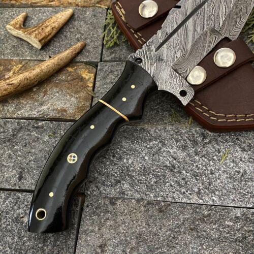 Heritage Forge 10 Inch Damascus Steel Tracker Knife with Buffalo Horn Handle and Leather Sheath