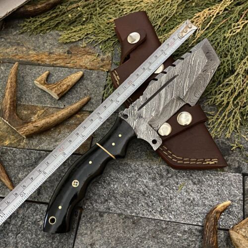 Heritage Forge 10 Inch Damascus Steel Tracker Knife with Buffalo Horn Handle and Leather Sheath