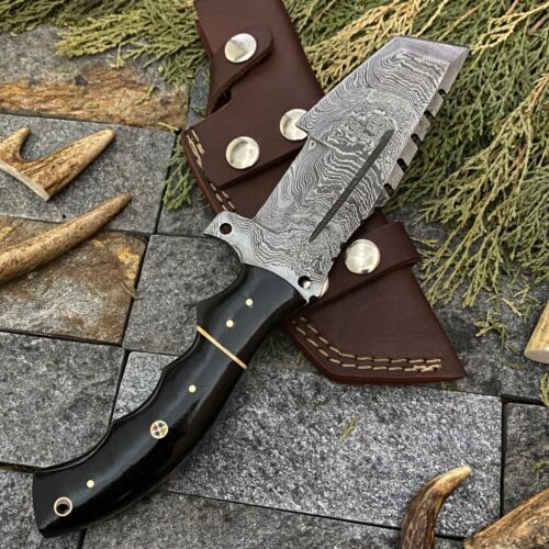 Heritage Forge 10 Inch Damascus Steel Tracker Knife with Buffalo Horn Handle and Leather Sheath