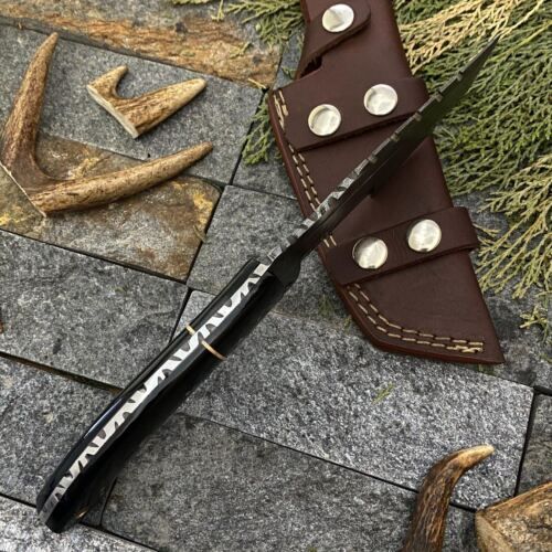 Heritage Forge 10 Inch Damascus Steel Tracker Knife with Buffalo Horn Handle and Leather Sheath