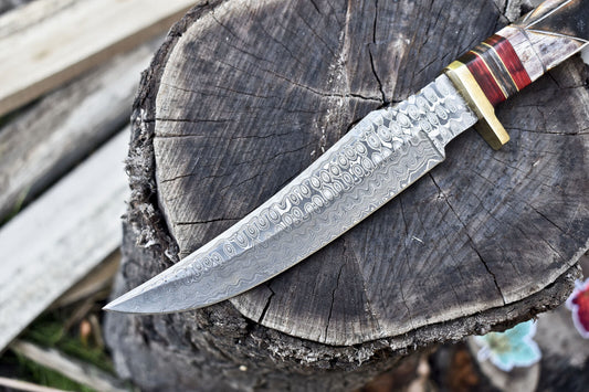 Rain Drop Damascus Bowie Knife with Bone Handle and Brass Guard Outdoor Use