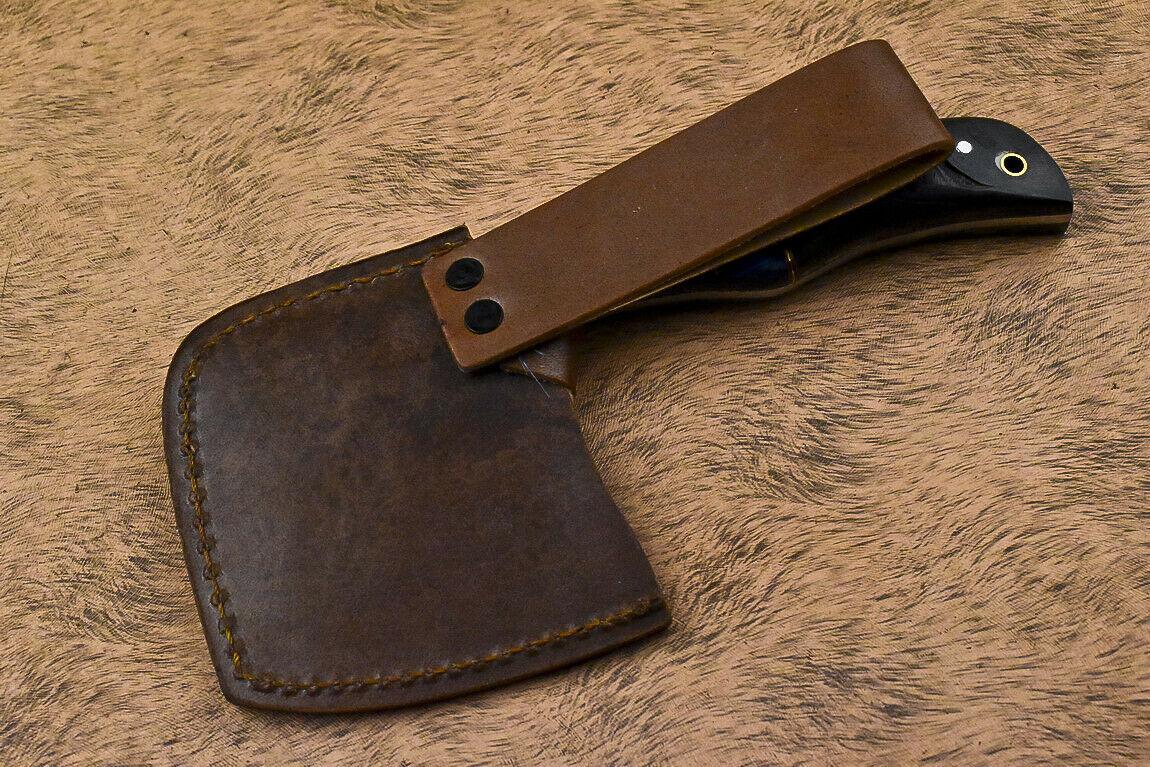 Handmade Damascus Steel Hunting Axe Knife Ram's Horn Handle Clever Chopper with Leather Sheath