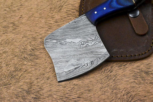 Handmade Damascus Steel Hunting Axe Knife Ram's Horn Handle Clever Chopper with Leather Sheath