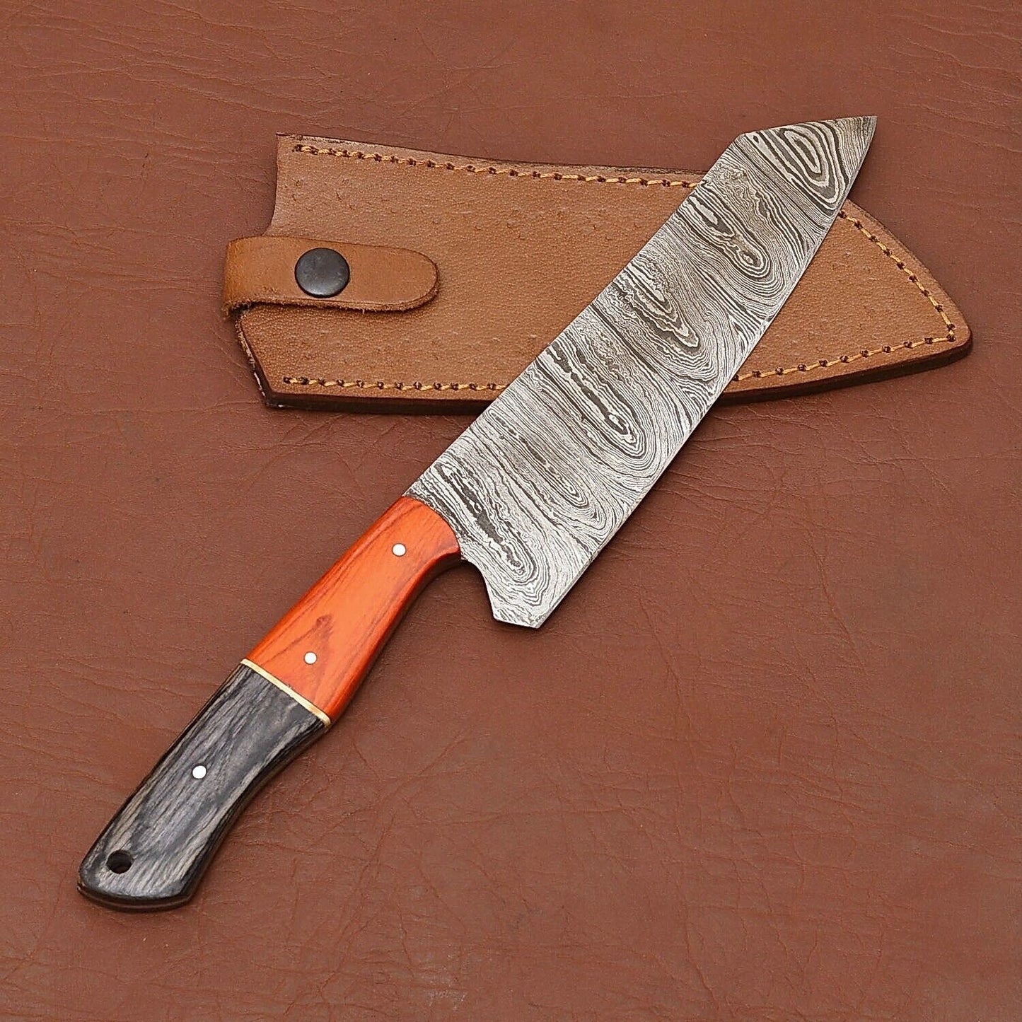 Premium Handmade Damascus Steel Chef Knife | 12" Full Tang Wood Handle with Leather Sheath