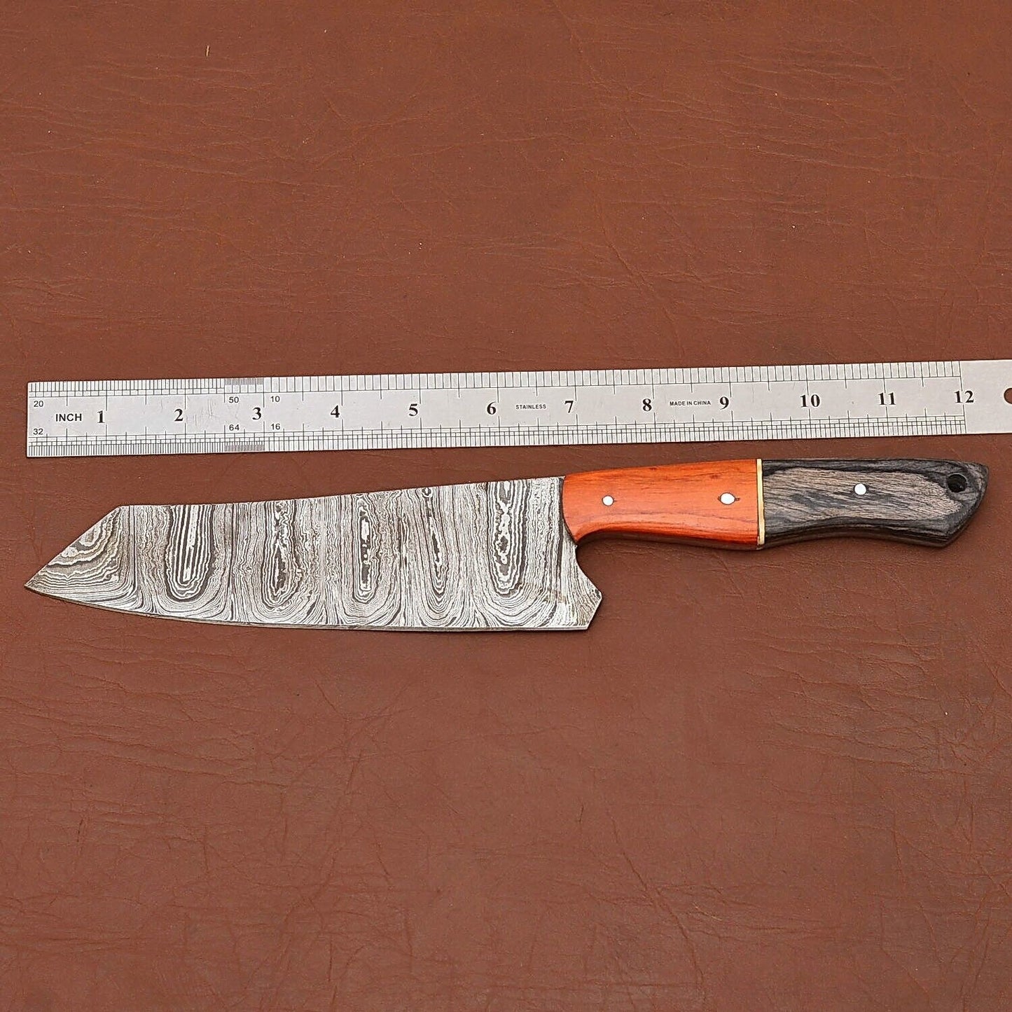 Premium Handmade Damascus Steel Chef Knife | 12" Full Tang Wood Handle with Leather Sheath
