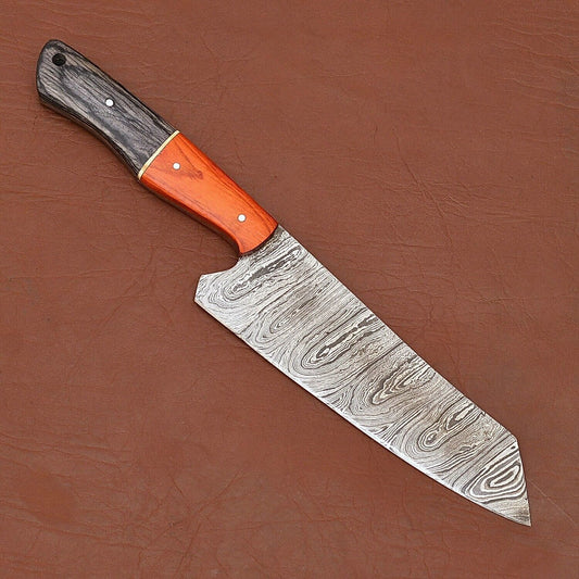 Premium Handmade Damascus Steel Chef Knife | 12" Full Tang Wood Handle with Leather Sheath