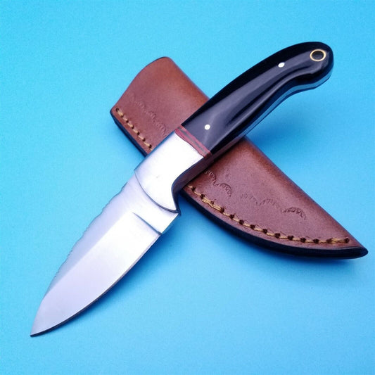 7.25" Skinner Knife – Full Tang Stainless Steel Fixed Blade with Horn Handle & Leather Sheath