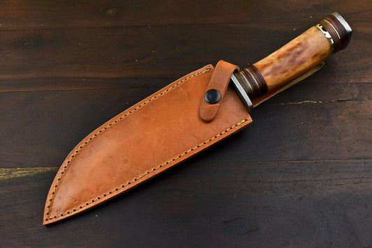 13" Handmade Damascus Steel Tanto Bowie Knife with Camel Bone Handle