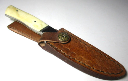7" Straight Back Skinner Knife – Stainless Steel Blade, Camel Bone Handle, Leather Sheath