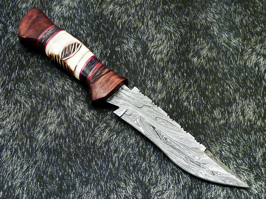 Hand Forged Damascus 11" Bowie Hunting Knife | Camel Bone Handle
