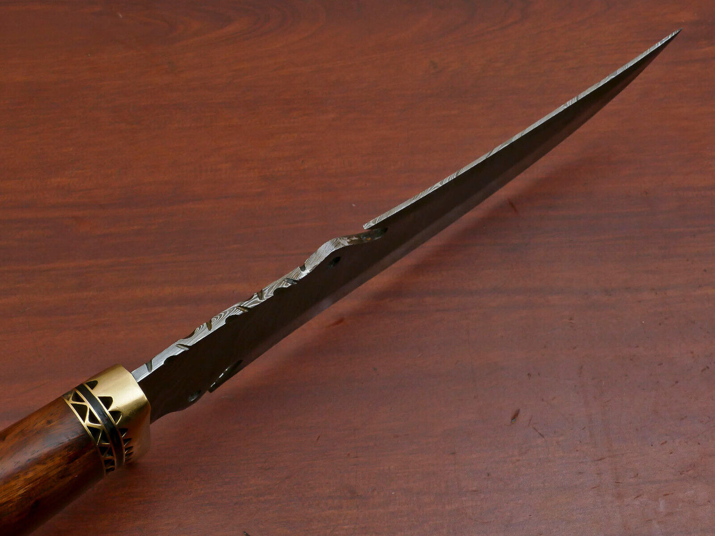 13" Handmade Damascus Bowie Knife with Rosewood Handle & Brass Guard