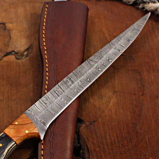 14" Damascus Fillet Knife Handmade Brisket Chef Fixed Blade with Sheath