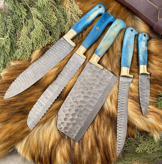 Custom Hand Forged Damascus Steel 5-Piece Kitchen Chef Knife Set with Camel Bone Handles