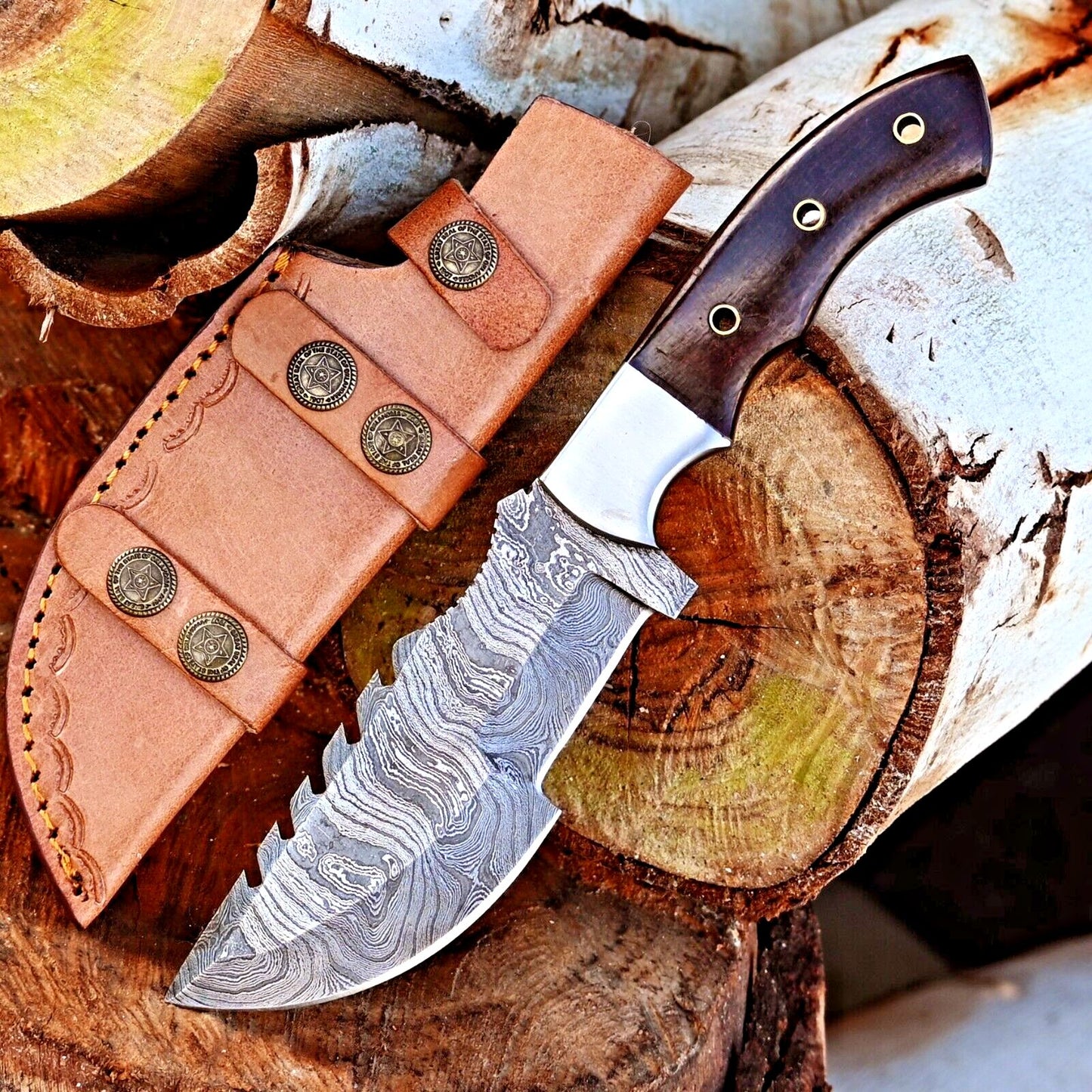 Custom Handmade Damascus Hunting Tracker Knife – Hand Forged Fixed Blade with Micarta Handle & Leather Sheath