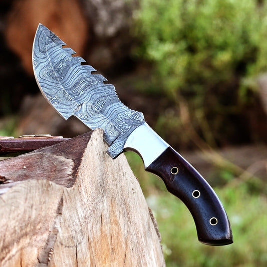 Custom Handmade Damascus Hunting Tracker Knife – Hand Forged Fixed Blade with Micarta Handle & Leather Sheath