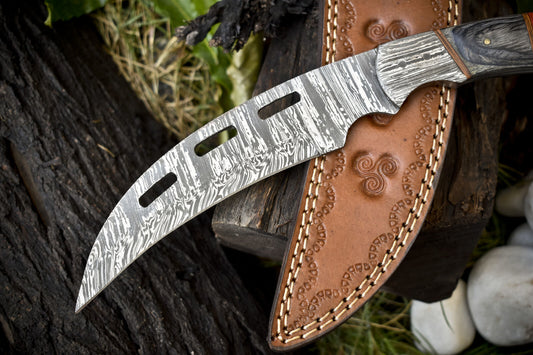 11 in Custom Twist Damascus Skinner Knife with Hardwood Handle and Wooden Bolster