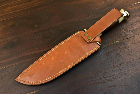 13.5" Handmade Damascus Steel Bowie Knife with Walnut Wood and Bone Handle & Leather Sheath