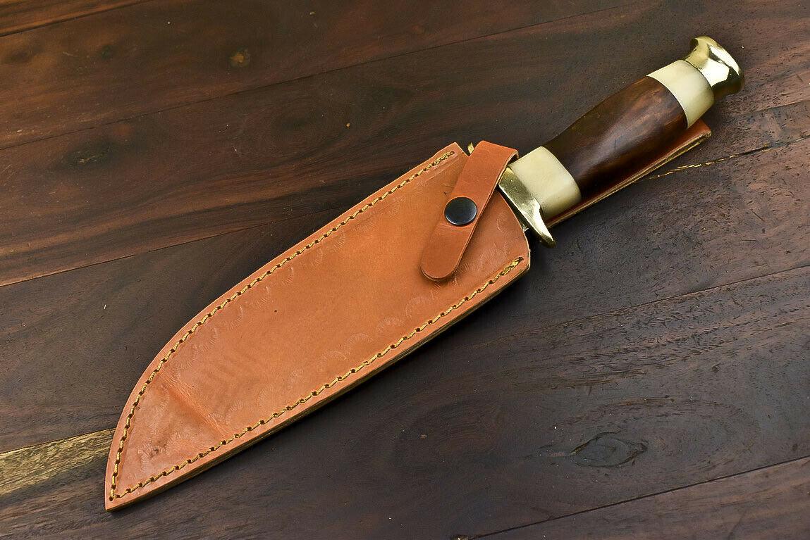 13.5" Handmade Damascus Steel Bowie Knife with Walnut Wood and Bone Handle & Leather Sheath
