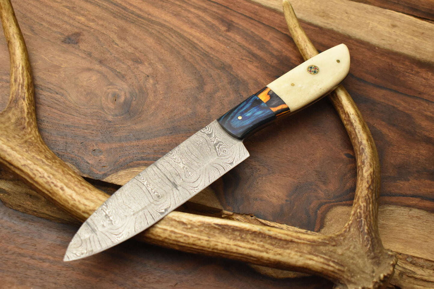 Custom Handmade Chef Knife – Damascus Steel Blade with Camel Bone Handle & Leather Sheath