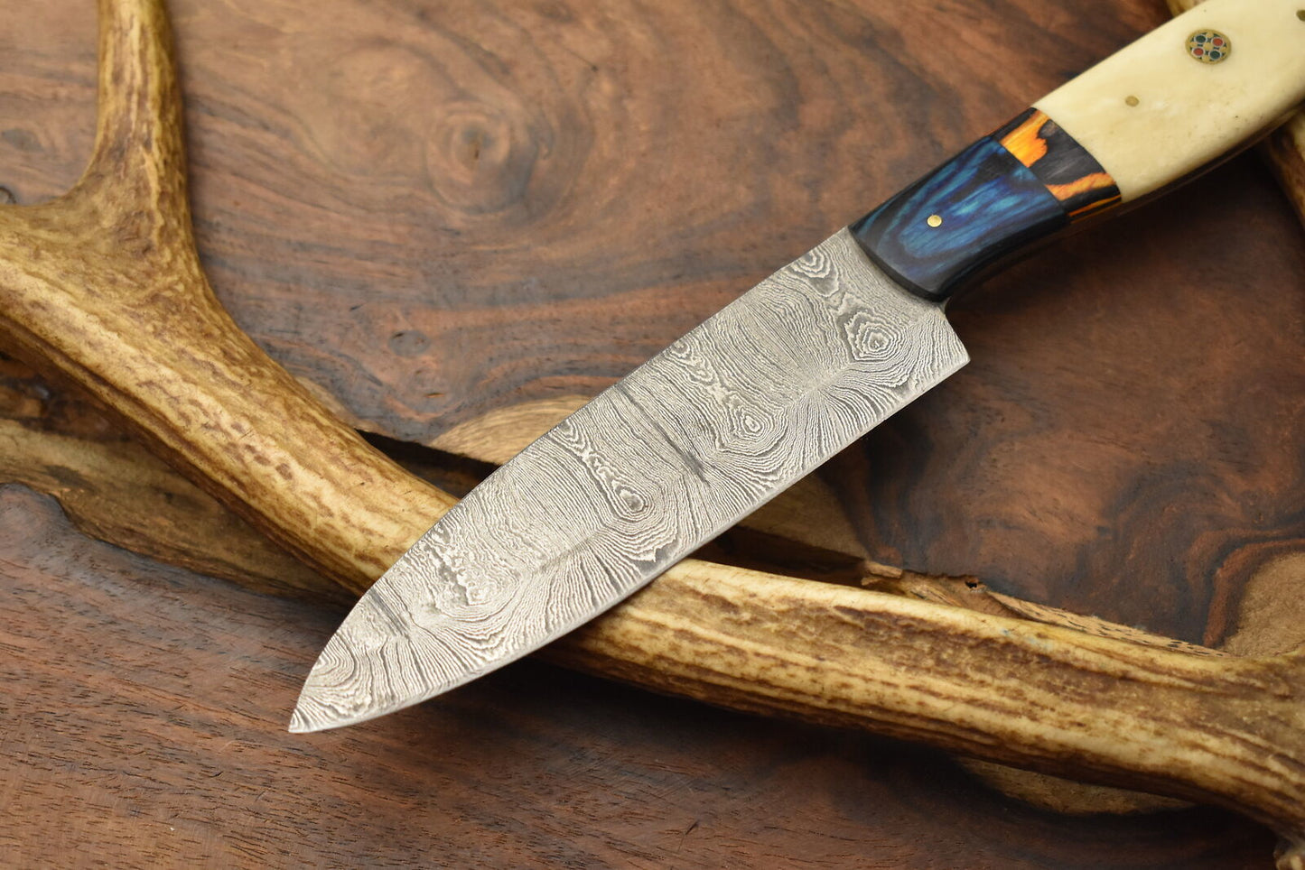 Custom Handmade Chef Knife – Damascus Steel Blade with Camel Bone Handle & Leather Sheath