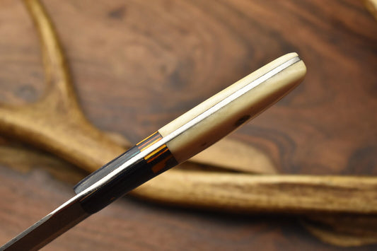 Custom Handmade Chef Knife – Damascus Steel Blade with Camel Bone Handle & Leather Sheath