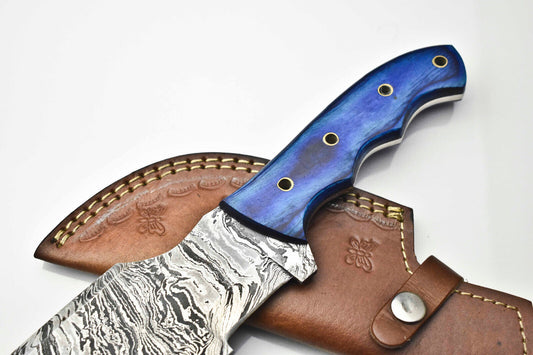 Custom Handmade Damascus Steel Tracker Knife 10" | Hardwood Handle & Leather Sheath